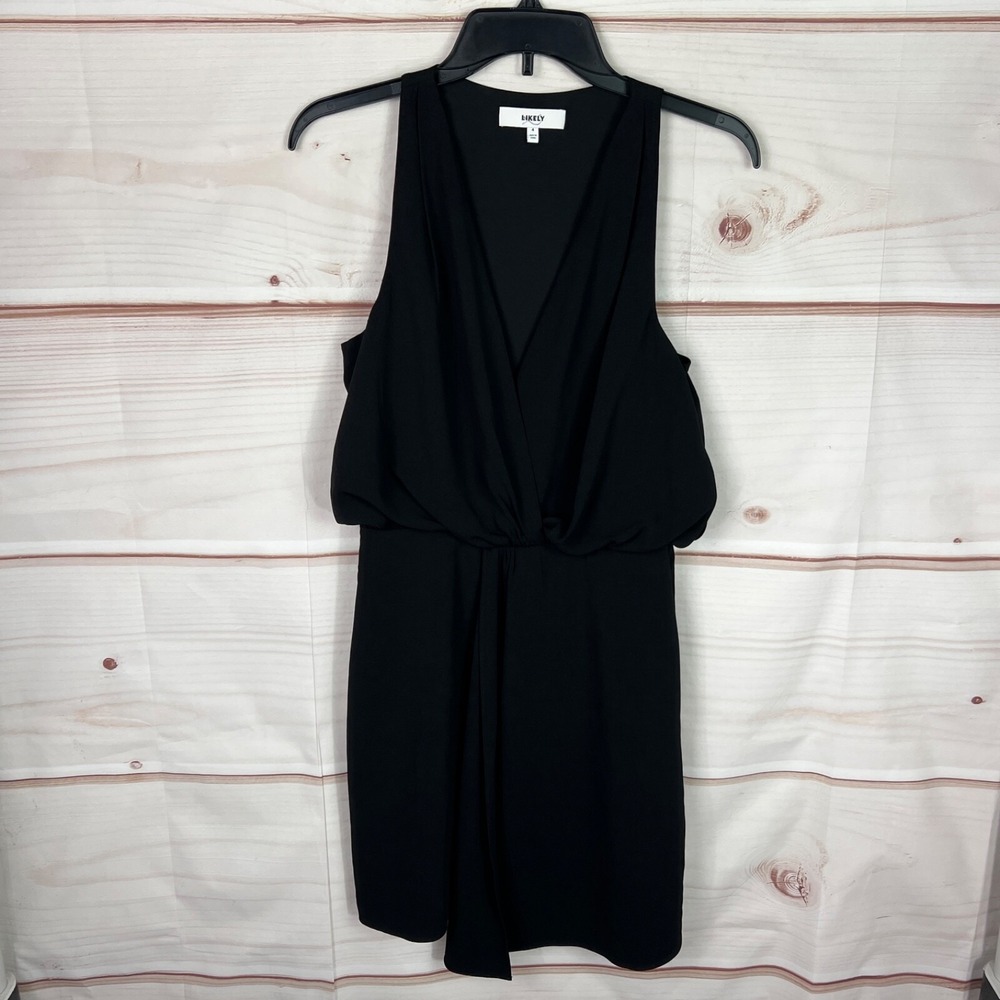 LIKELY Dress Womens 4 Black Faux Wrap Mini Sleeveless V-Neck Solid Woven Stretch